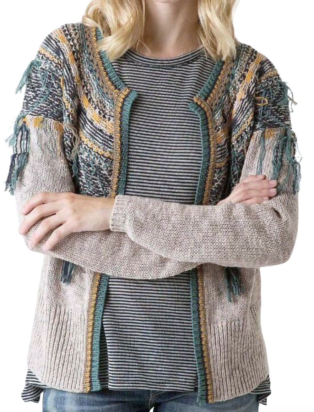 NEW GIMMICKS BY BKE BUCKLE OATMEAL FRINGE CARDIGAN SWEATER SIZE SMALL